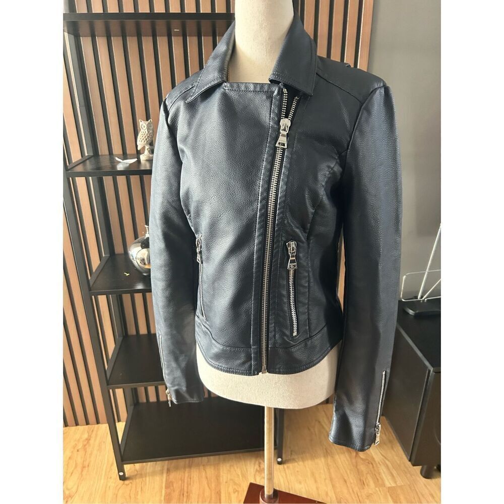 Express faux leather dark blue jacket size small motto rock like style